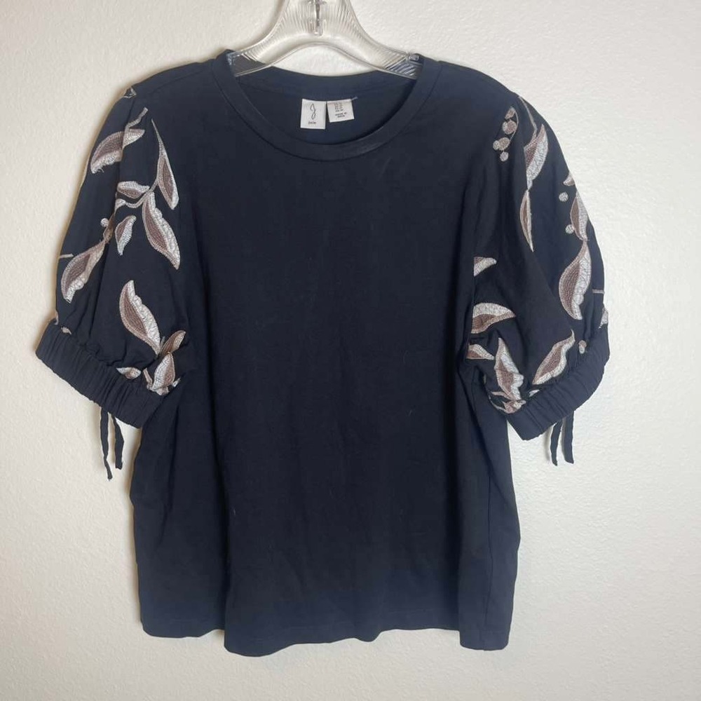 Joie Black Cotton Linen Blend Embroidered Puff Sleeve Top Metallic Leaf Size M